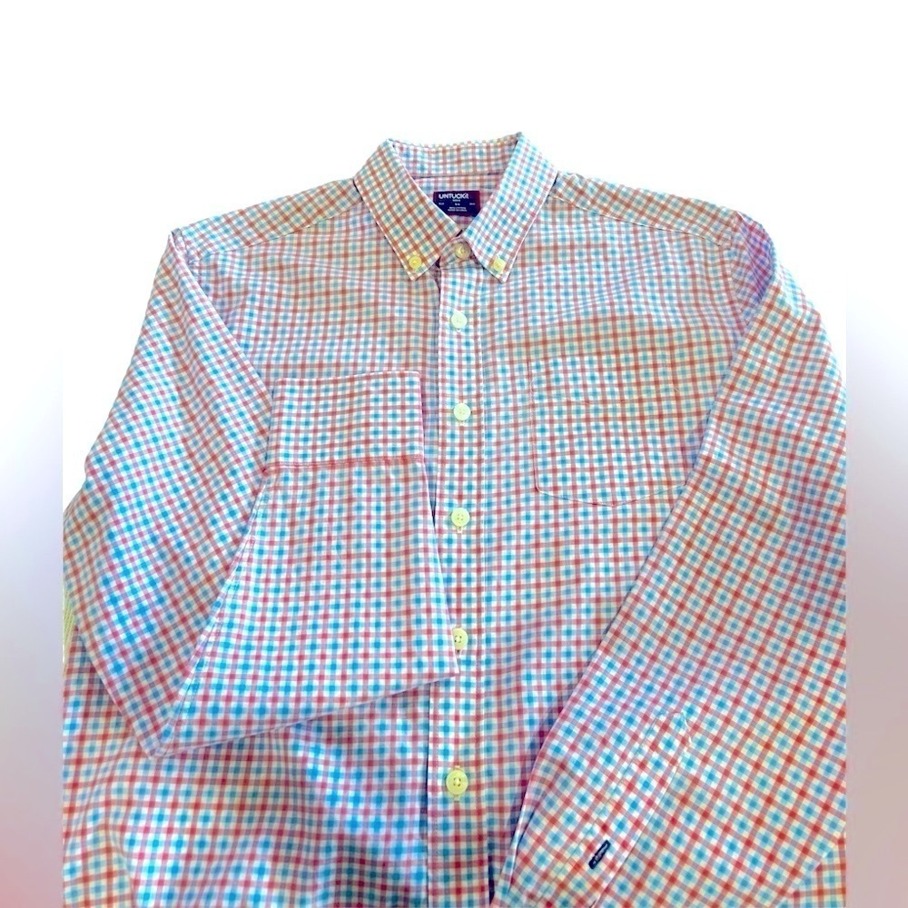 UNTUCKit Boys Size 14 Long Sleeve 100% Cotton Blue and Pink Plaid Pattenn - Picture 2 of 11